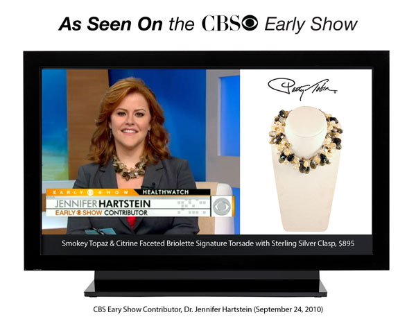 Dr. Jen Hartstein on the CBS Early Show wearing a Signature Torsade by Patty Tobin with Smokey Topaz & Citrine ($895).