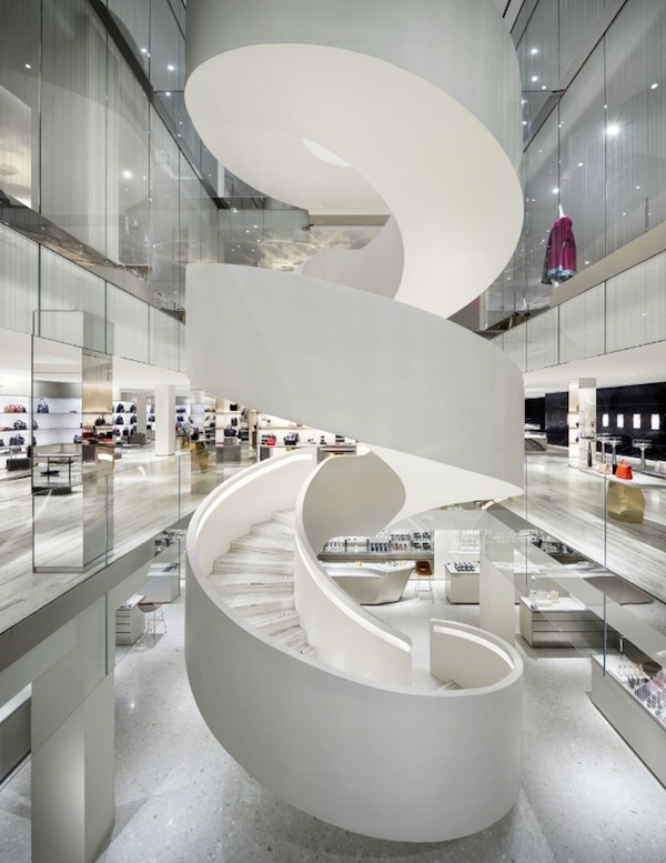 The striking spiral staircase in the center of the store creates an atmosphere of exceptional luxury and modernity. (Photo by Scott Frances) 