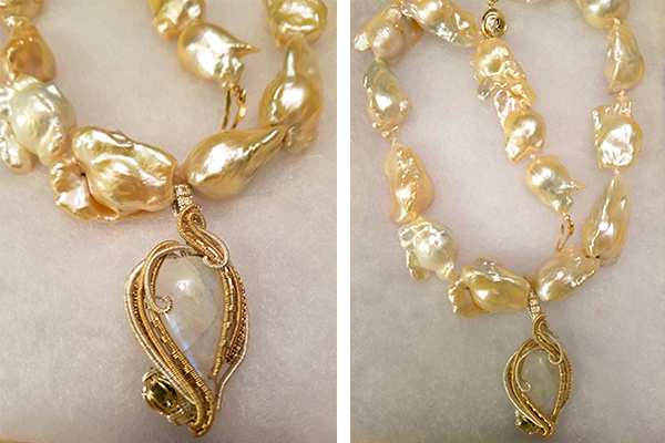 Large and lustrous these stunning South Sea Pearls are hand-knotted on silk and feature a Sterling Silver and Gold hand-crafted wire-wrap pendant with a lovely Moonstone at its center. One of a kind by Patty Tobin. 